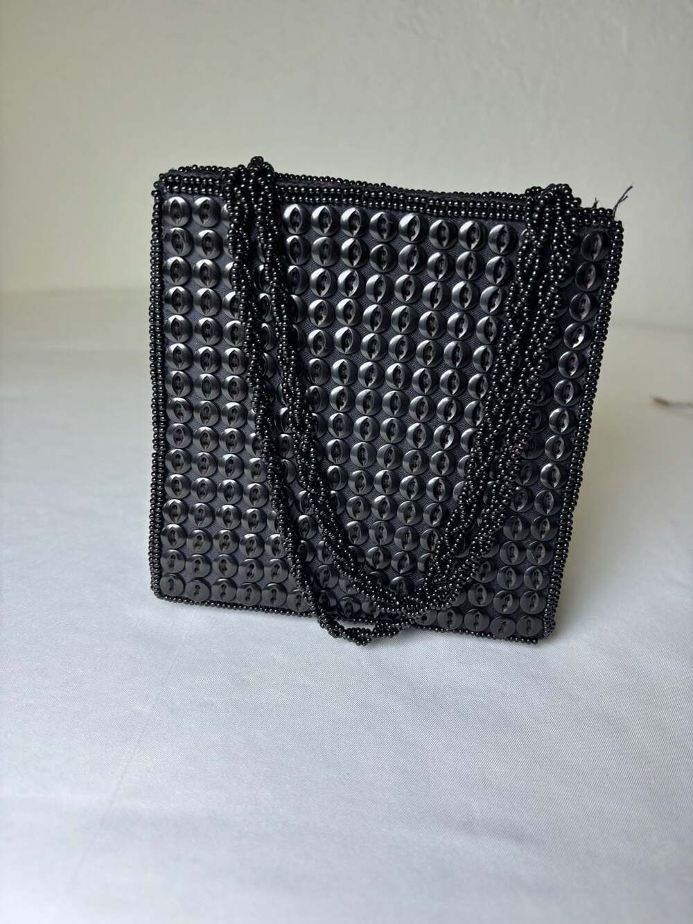 La Regale Vintage Black Beaded Evening Bag Handbag with Lucite Embellishments